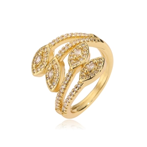 Luxurious multi-layer gold-plated zircon geometric ring with marquise leaf accents