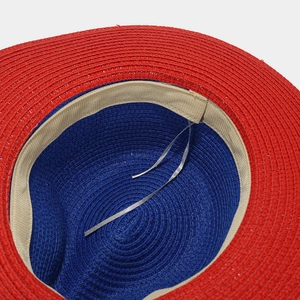 Contrast straw Panama hat for women with shell decor, red brim and blue crown detail