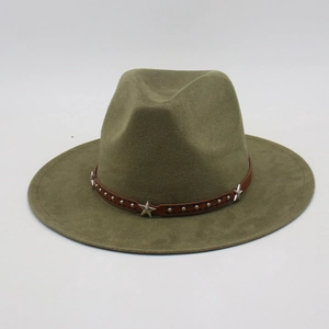 Close-up of olive green wool fedora hat with star metal studs on brown leather band