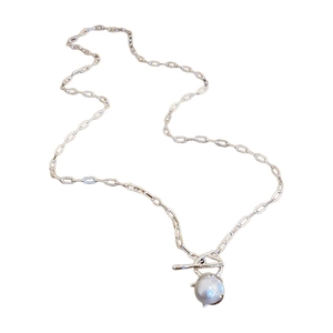 Elegant silver paperclip chain necklace with a round pearl pendant and OT toggle clasp
