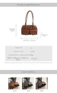 Detailed size specifications and material chart for large PU bowling shoulder bag