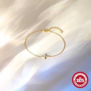 Elegant gold S925 sterling silver star charm bracelet with zircon on white silk