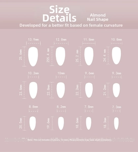 Detailed sizing chart for almond shaped press-on nails with width and length dimensions