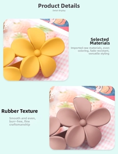 Macro detail of matte resin flower hair clips in soft yellow and dusty rose pink