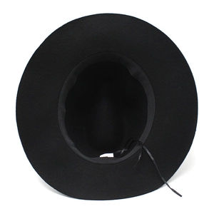 Classic black wide brim wool fedora hat with adjustable inner strap for men and women