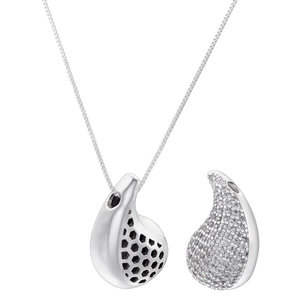Detailed view of the honeycomb cutout back and pave-set zircons on the teardrop necklace