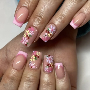 Press On Nails Pink French Tip Square Artificial Fingernails Floral Cherry Pattern ABS Glossy Short Sweet Style Women