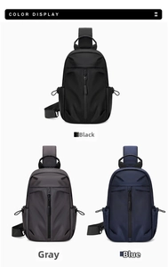 Three color options for men's oxford crossbody chest bag in black, grey, and blue