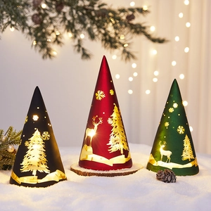 LED Christmas Tree Cone Ornament Light Frosted PVC Reindeer Snowflake Hollow Out Desktop Decorative Festive Night Lamp