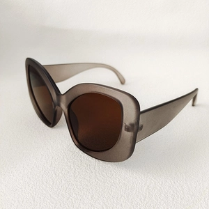 Detail view of cat eye sunglasses with translucent grey frames and dark brown lenses