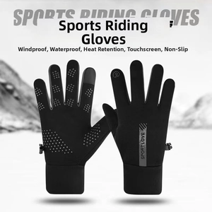 Close-up of winter cycling gloves with non-slip silicone palms and touch screen fingertips
