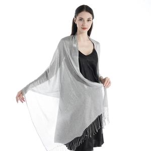 Elegant silver metallic shawl with tassel fringe for evening party and formal events