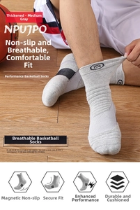 Detail of grey basketball socks featuring cushioned sole and arch support on athlete's foot