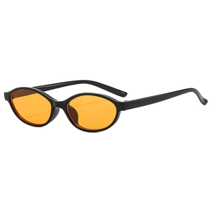 Retro small oval sunglasses with black frames and vibrant orange lenses for women