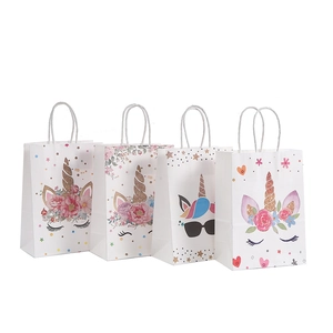 Unicorn cartoon kraft paper gift bags with golden foil prints and white twisted handles