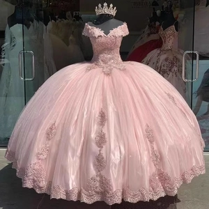 Pink off-the-shoulder Quinceanera ball gown with exquisite lace appliques and tulle skirt