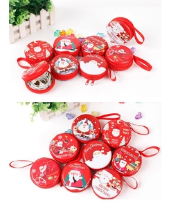 Detailed view of round Christmas coin purse storing wired earphones with Santa pattern