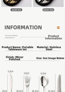 Detailed size specifications for mirror polished stainless steel camping cutlery set