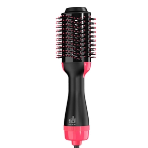 4-in-1 hot air brush with black and rose red handle showing multi-level heat settings