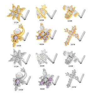 L-shaped surgical steel nose studs set featuring celestial shapes and micro-inlaid zircons