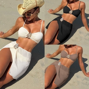 Women Sexy Bikini Top And Bottom And Wrap Skirt Textured Fabric Luxury Metal Buckle Beach Holiday Summer Vacation