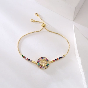 Rainbow cubic zirconia gold bracelet with adjustable chain and anchor circle charm