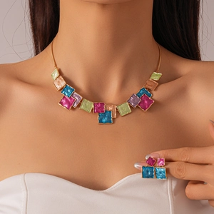 Chic gold-plated geometric square enamel jewelry set with colorful necklace and earrings