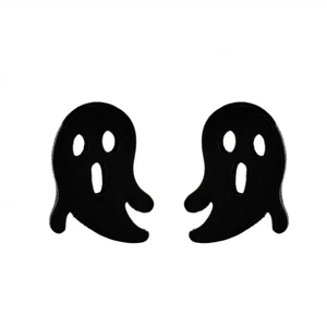 Pair of minimalist black ghost stud earrings made of stainless steel for Halloween fashion