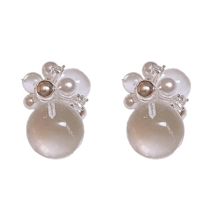 Elegant silver cluster earrings with translucent white beads and sparkling zircons