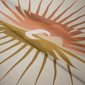 Detailed close-up of bohemian wall tapestry with terracotta sunburst geometric patterns