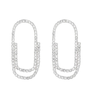 Elegant sparkling paperclip earrings with full pavé crystals in polished silver finish