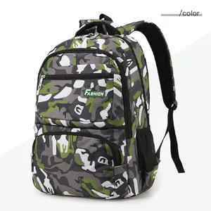Green woodland camouflage backpack with multiple zip pockets and fashion patch