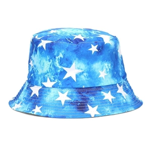 Blue tie-dye fisherman hat with white star print for outdoor sun protection