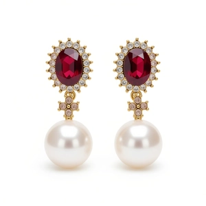 Vintage gold drop earrings featuring red gemstones, pavé diamonds, and large round pearls