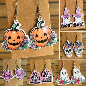 Halloween Acrylic Earrings With Earring Post Cute Cartoon Ghost Pumpkin Bat Skull Haunted House Jewelry For Women