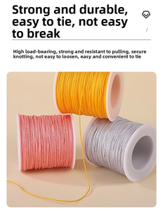 Three spools of 0.8mm nylon cord in yellow, pink, and grey for DIY jewelry weaving