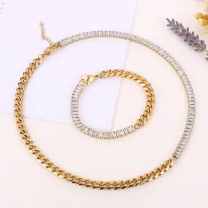 Stainless Steel Cuban Link Necklace And Bracelet With Rectangular Zirconia Spliced Design Elegant Party Jewelry For Women