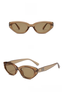 Close-up of retro cat-eye sunglasses in transparent tea color with metal side detail