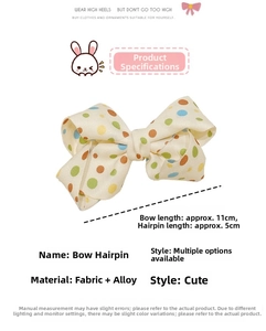 Detailed size parameters for the colorful polka dot bow hair clip with alloy base