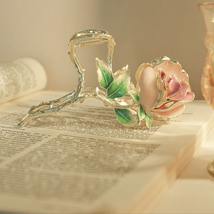 French retro gold alloy hair claw with a pink gradient rose flower and green enamel leaves
