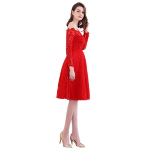 Elegant red lace off-shoulder cocktail dress with long sleeves and A-line mini skirt