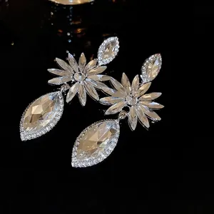 Silver long drop earrings with crystal flower studs and large marquise-cut pendants