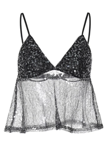 Sexy schwarzes Pailletten-Crop-Top mit Mesh-Patchwork und feiner Spitze für Damen