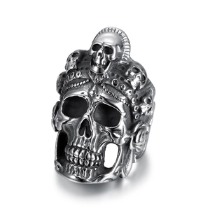 Gothic punk style silver hollow skull ring with 3D relief on a clean white background