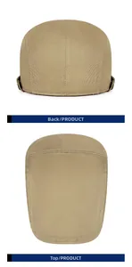 Détails de la casquette plate en coton kaki montrant les vues arrière et supérieure