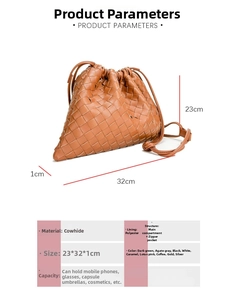 Detail of the woven leather texture and drawstring closure on the caramel handbag
