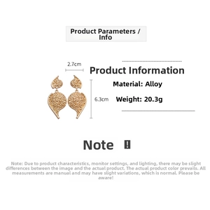 Detailed spec view of gold drop earrings showing alloy material and 6.3cm size dimensions