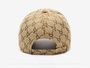 Detail of adjustable metal buckle and vintage monogram pattern on the khaki baseball cap