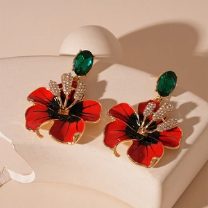 Boucles D'oreilles Pendantes Fleurs Rétro Avec Émail En Cuivre Strass Et Tige En Argent Sterling 925 Bijoux