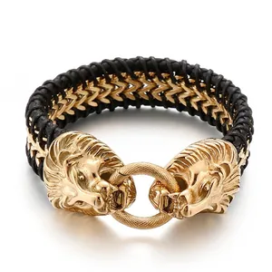Lion Head Bracelet Men Braided Genuine Leather Stainless Steel Punk Hip Hop Street Vintage Masculine Jewelry